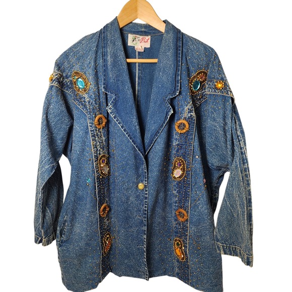 Pret Vintage 80s Long Denim Jacket Coat Medium Rhinestone Embellished Unique‎